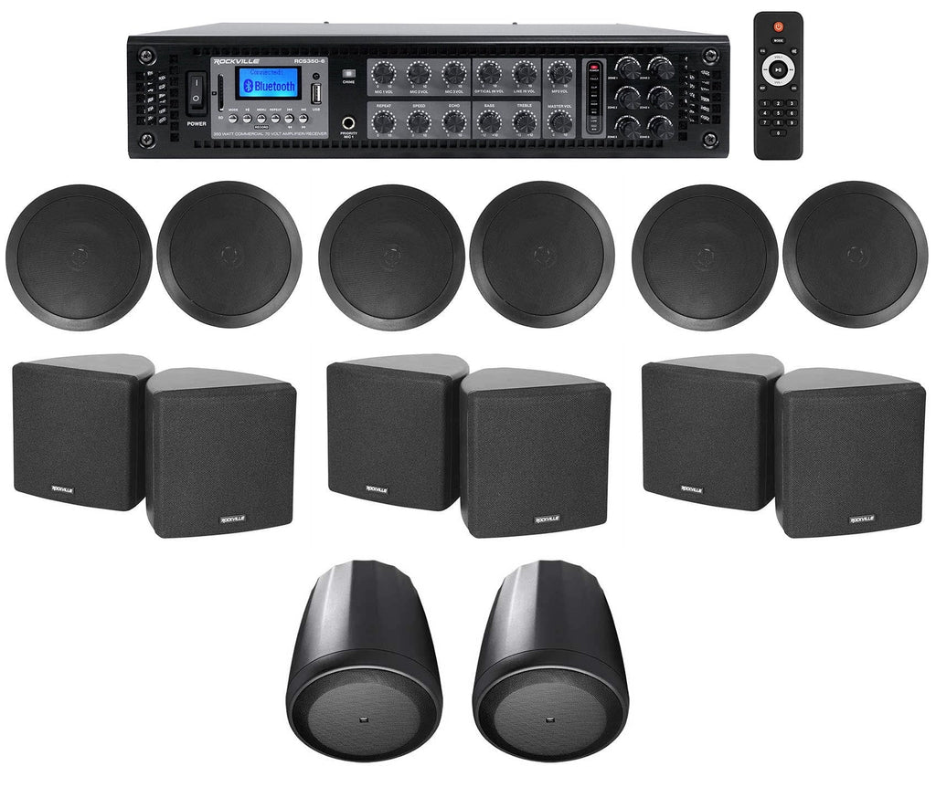 Pendant+Ceiling Speakers Office/Hotel 3.5" JBL 6-Zone Amp+(6) Black Cube+(2) for