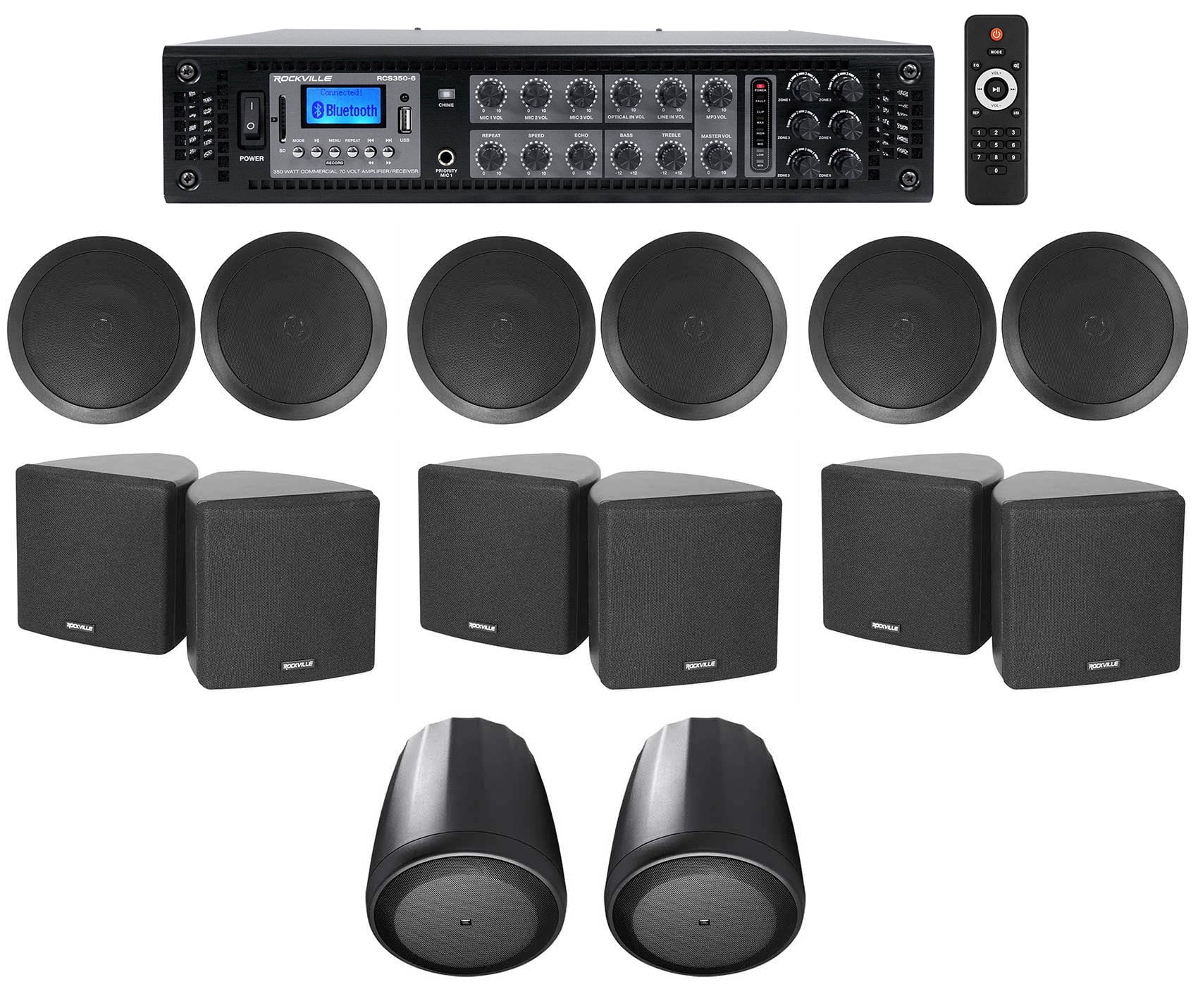 Pendant+Ceiling Speakers Office/Hotel 3.5" JBL 6-Zone Amp+(6) Black Cube+(2) for