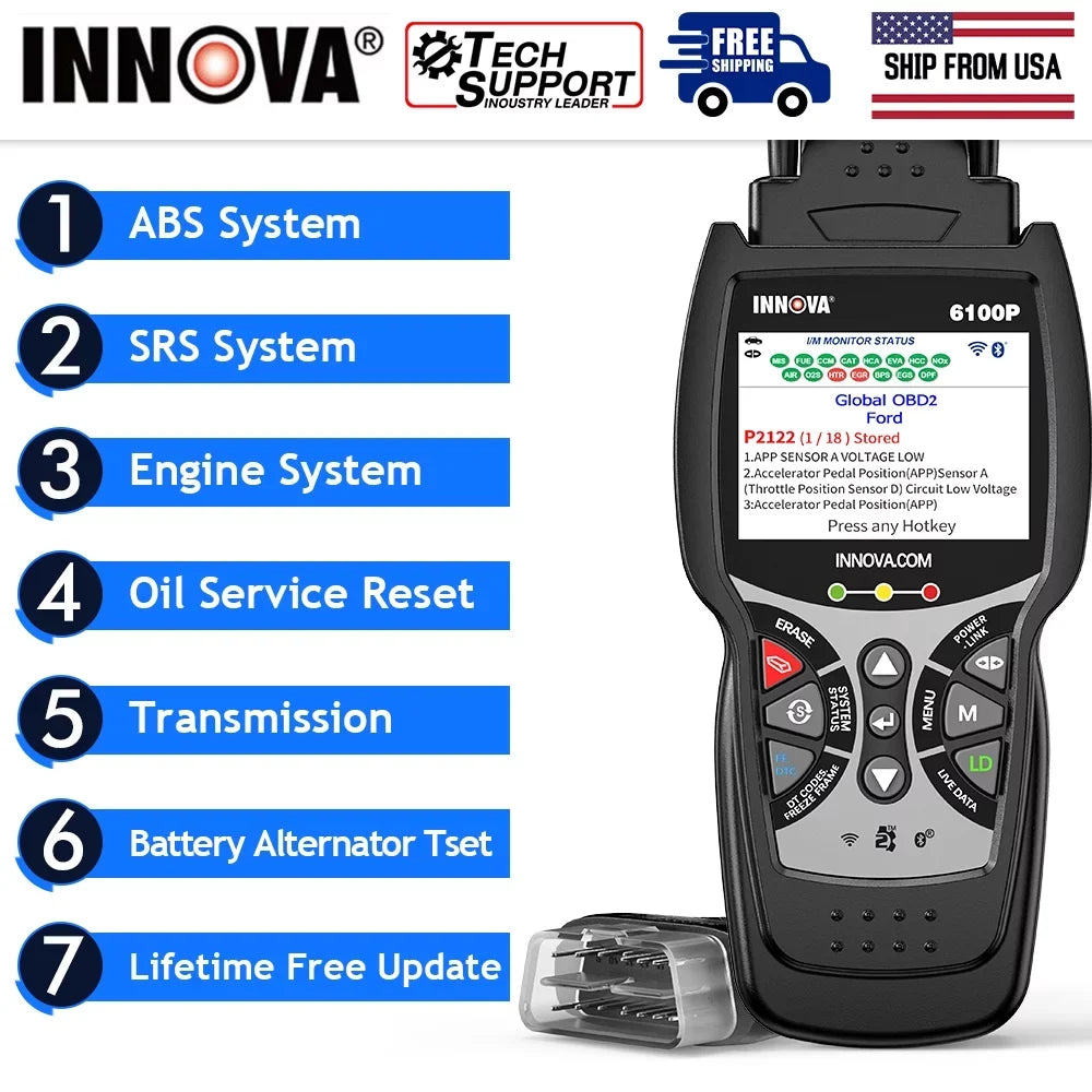 Tool Analyzer Truck Reset Innova SUV Auto Scan Automotive All OBDII Test OBD2 Diagnostic Hybrid OBD2 Car for Car 6100P Scanner Battery Oil Reader Code Scanner SRS ABS Automotive Light Scanner Engine