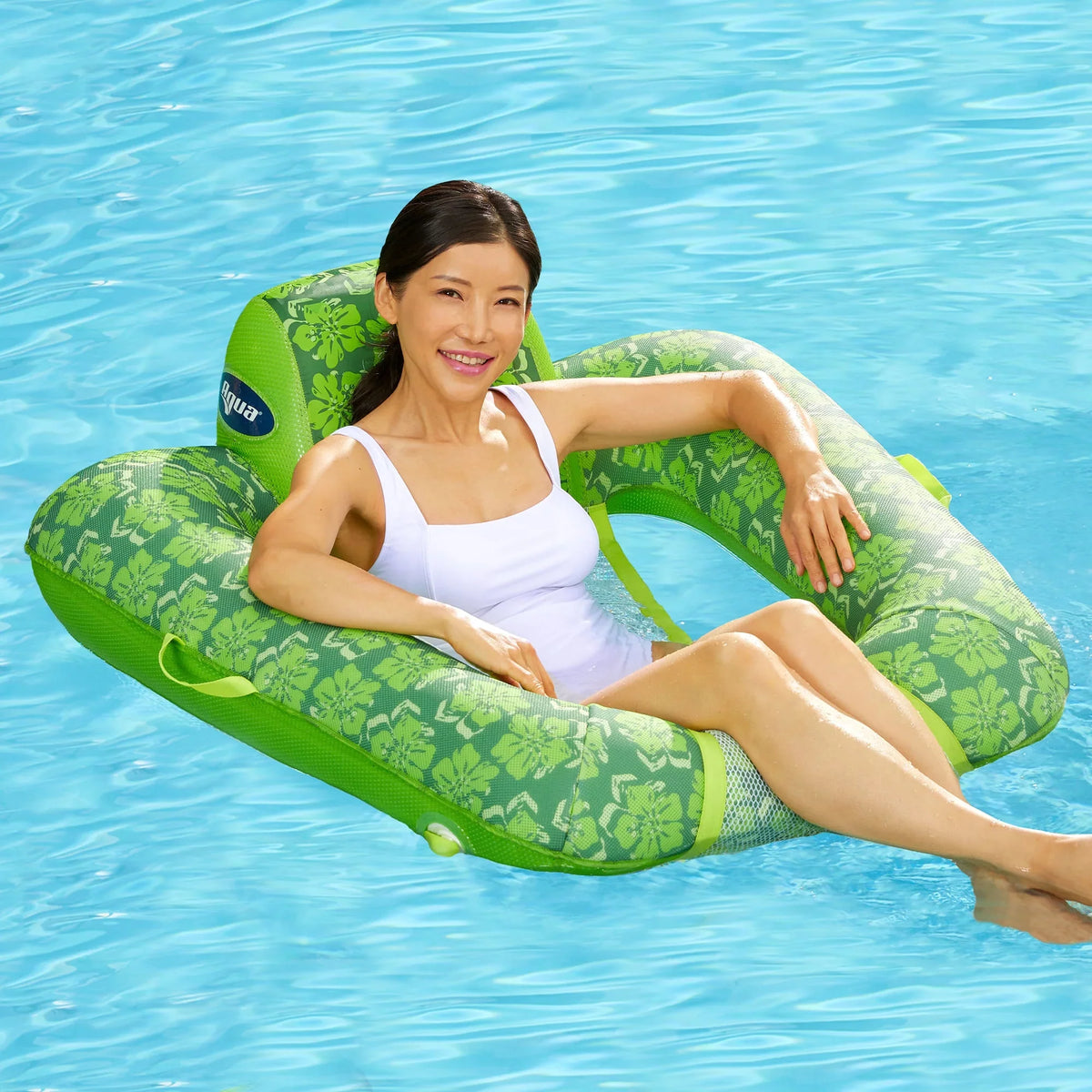 Green Lounge Swimming Leisure Pool Chair 0 Pump Float, Aqua w/ Hand Gravity