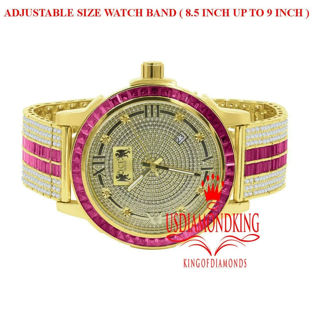 Real Gold Tourmaline Pink Bezel Diamond Stainless Steel Dial Custom Tone Mens Watch