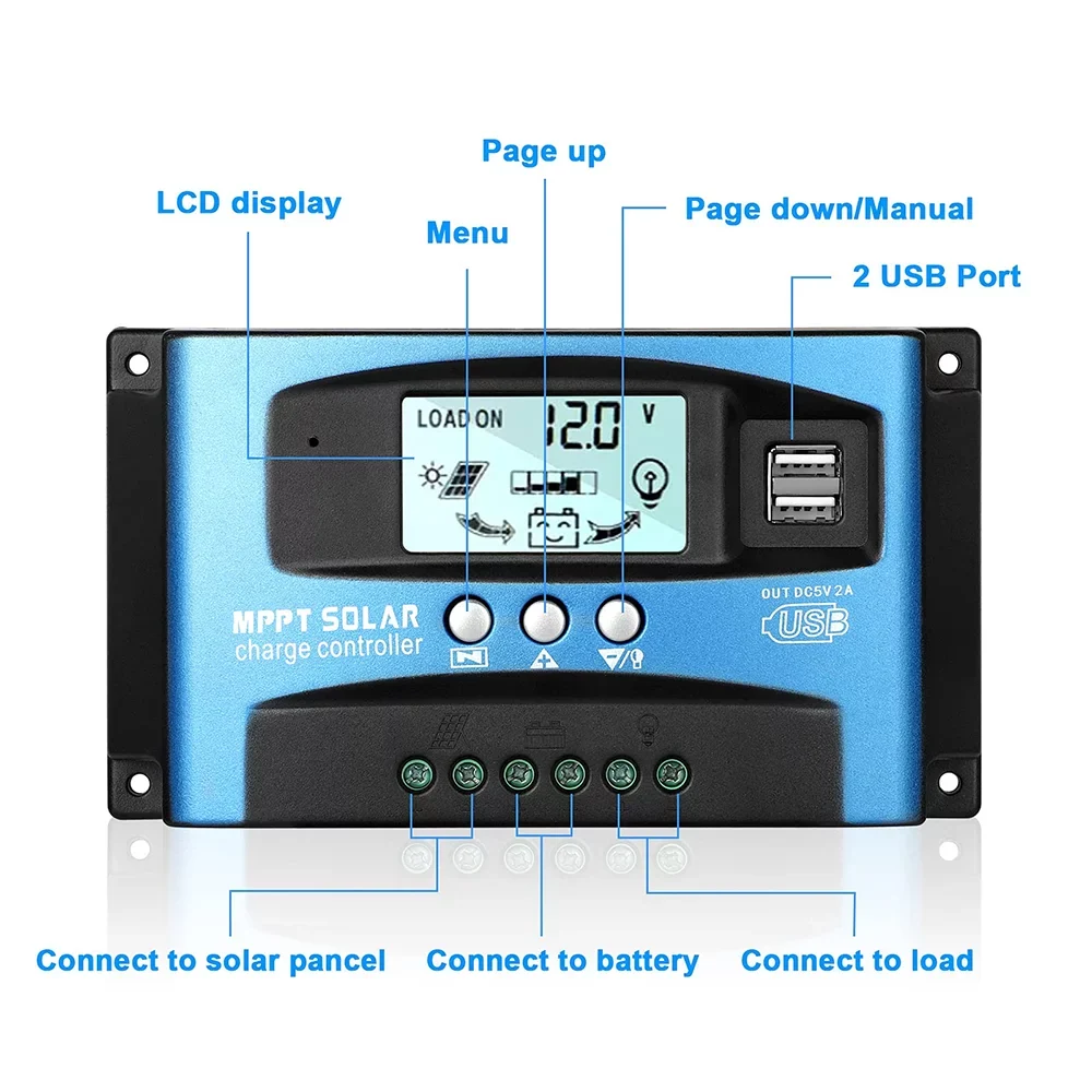 Charging Efficiency, Solar High USB, MCU Timer(Blue) 30A Build-in MPPT Charge Solar Dual Charger Panel Controller, Controller, Control, Regulator