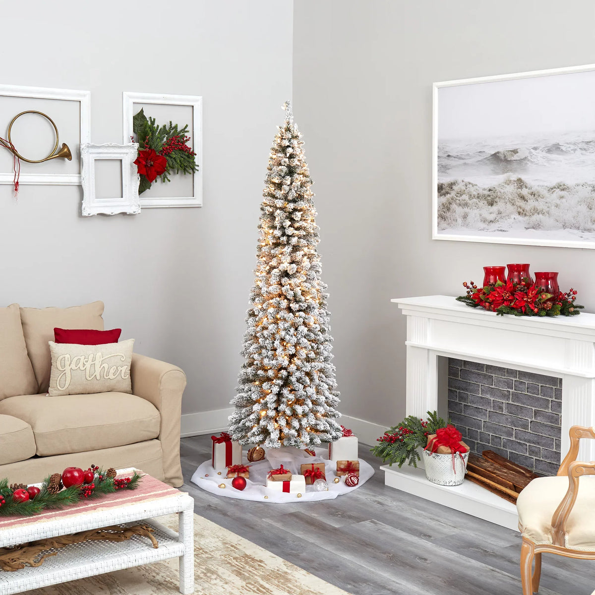 White Christmas Lights Tree 7' Nearly Pencil Artificial Natural Flocked Clear 400 Prelit