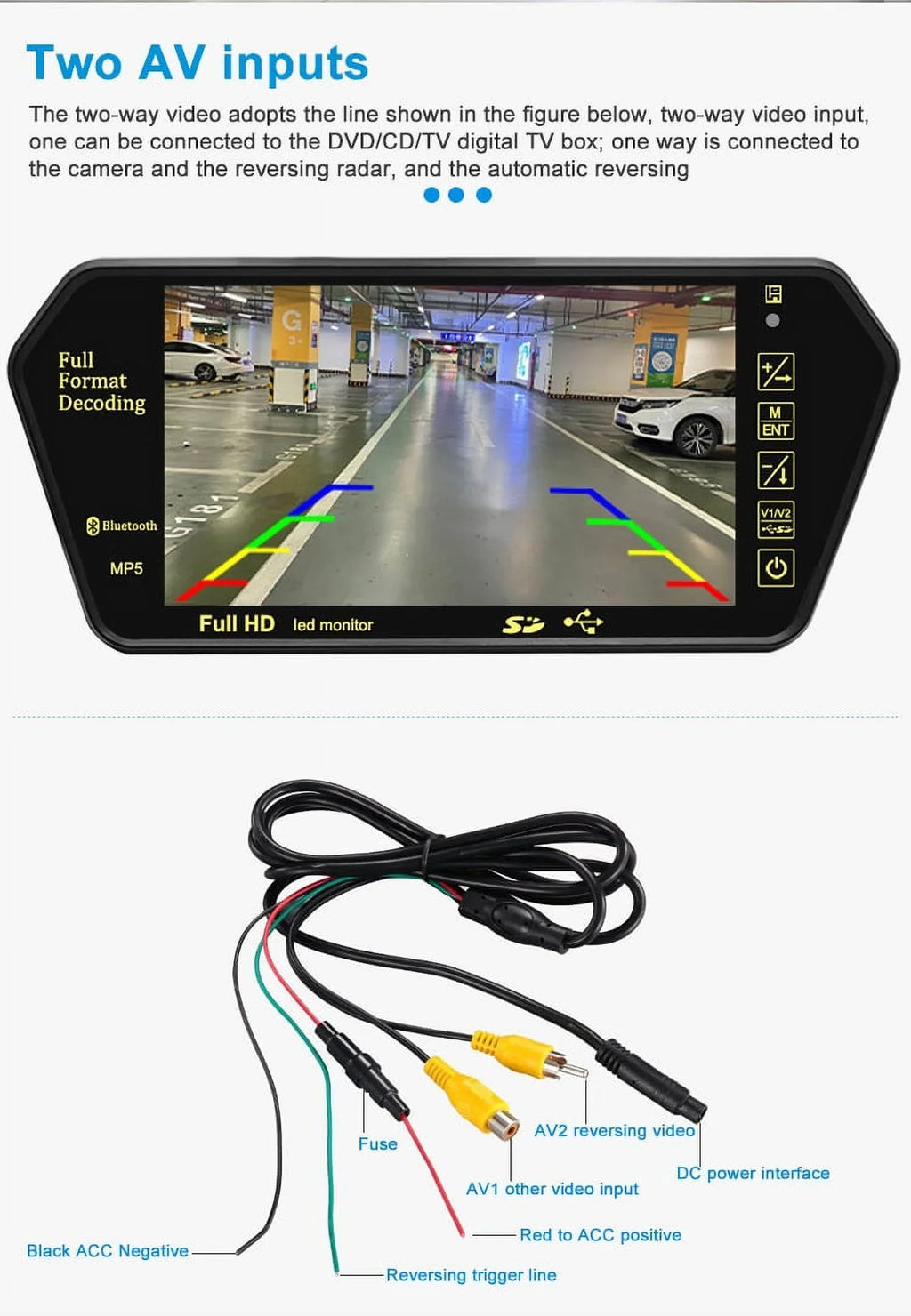 Parking Vision TFT Display View Inch 800*480 Rear USB/SD/FM Mirror System 12-24V MP5 Night Monitor Camera LCD 7 Car Transimitter
