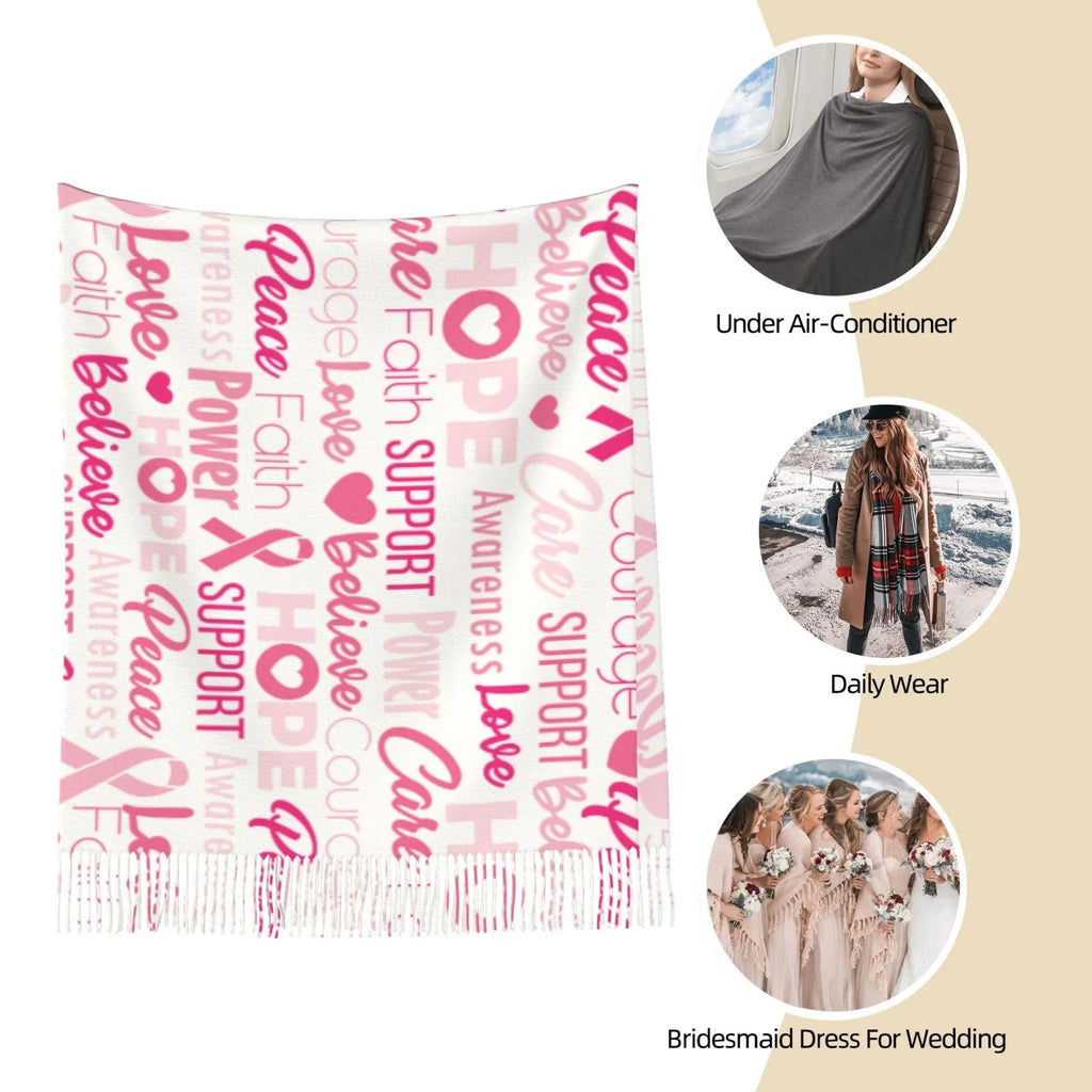 Women Warm For Cancer Wrap Elegant Print Scarves Large Winter Breast Awareness Shawl Gifts- Ribbons Scarf Bingfone Pink Art Feel Soft Cashmere