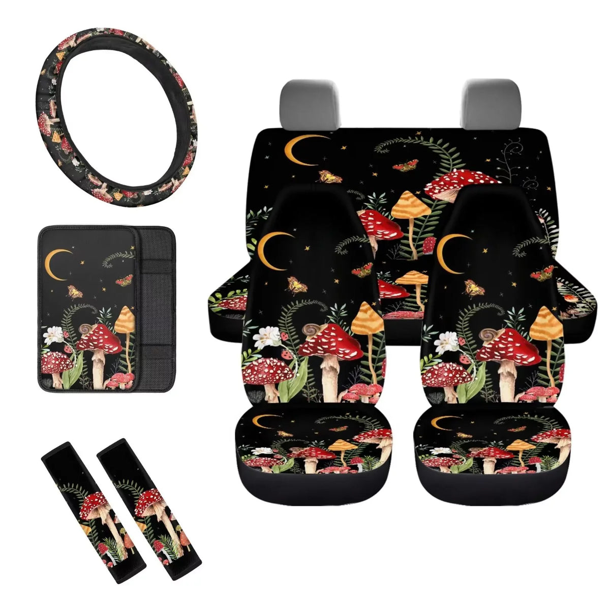 Set of Seatbelt Console Wheel Cover Settring Blanket Binienty Saddle Back Pad+Front Accessories Seat Car Cover Sedan AestheticMushroom Print Pad+Center Cover+Auto Interior 8-Van