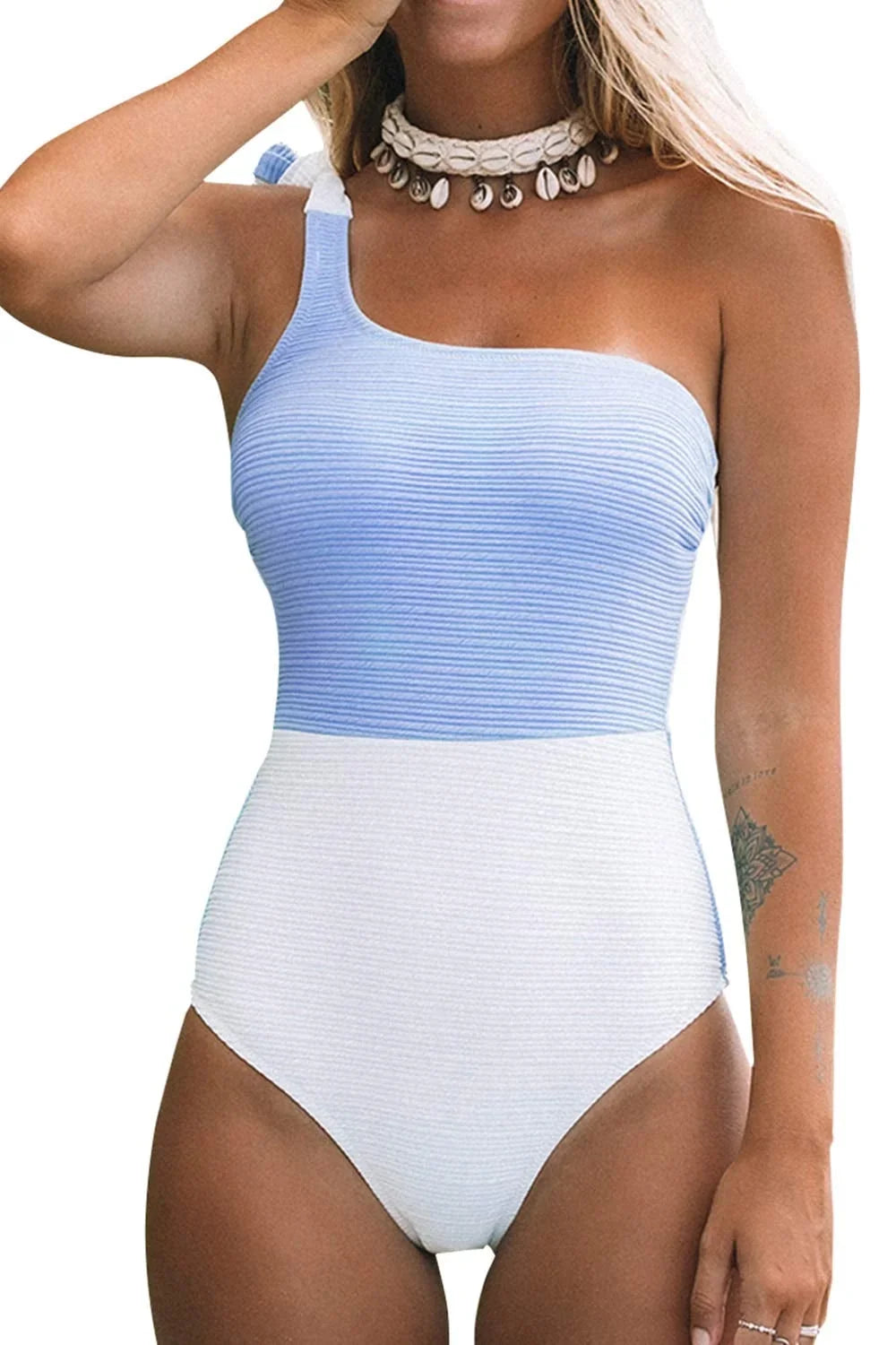 XL Color Bowknot Block Shoulder Cupshe Blue One Tie Women's Swimsuit, One-Piece
