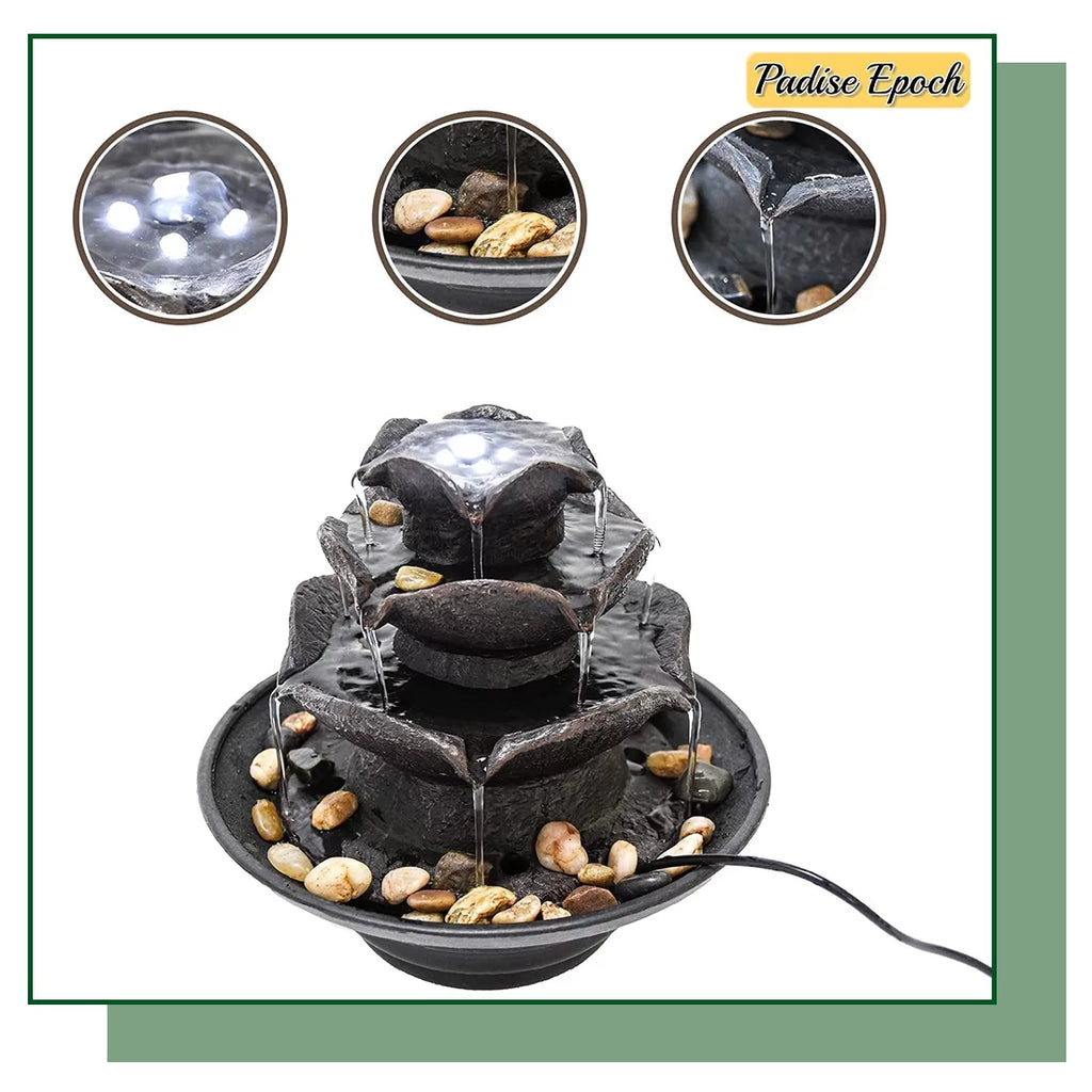 Water Fountain Bedroom 3 River Fountain, Lights Mini Fountain Indoor with LED Relaxation Tabletop Room for Desktop Rocks) (Includes Tabletop Natural Fountain, Tier Living Water