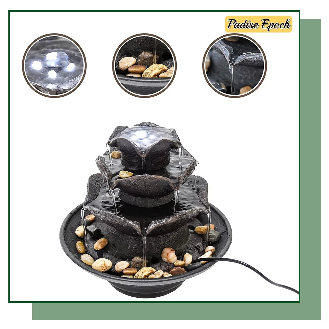 Water Fountain Bedroom 3 River Fountain, Lights Mini Fountain Indoor with LED Relaxation Tabletop Room for Desktop Rocks) (Includes Tabletop Natural Fountain, Tier Living Water