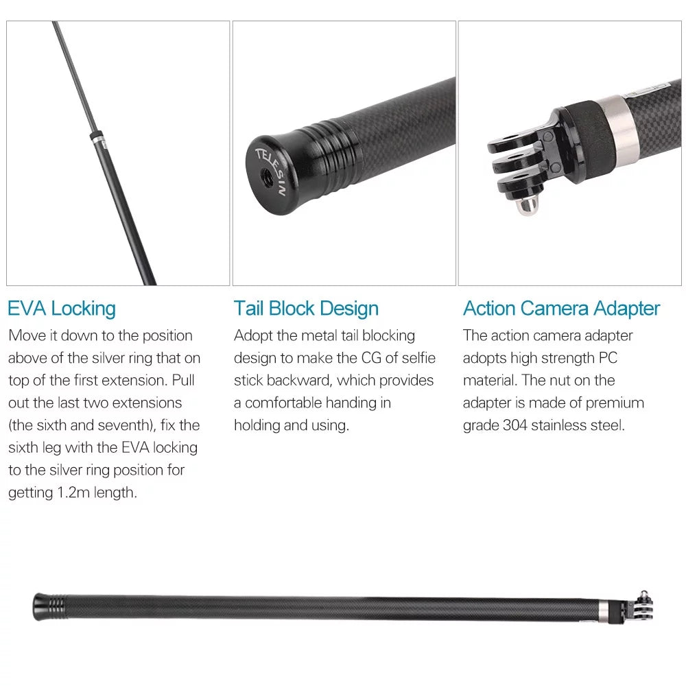 One Handheld Fiber OSMO Extendable Lightweight Hero 10/9/8/7/6/Hero R Action Ultra C Monopod 5 Black(2018) Stick Replacement Carbon Long Replacement GoPro Inch for Selfie for Pole 2.7M/106