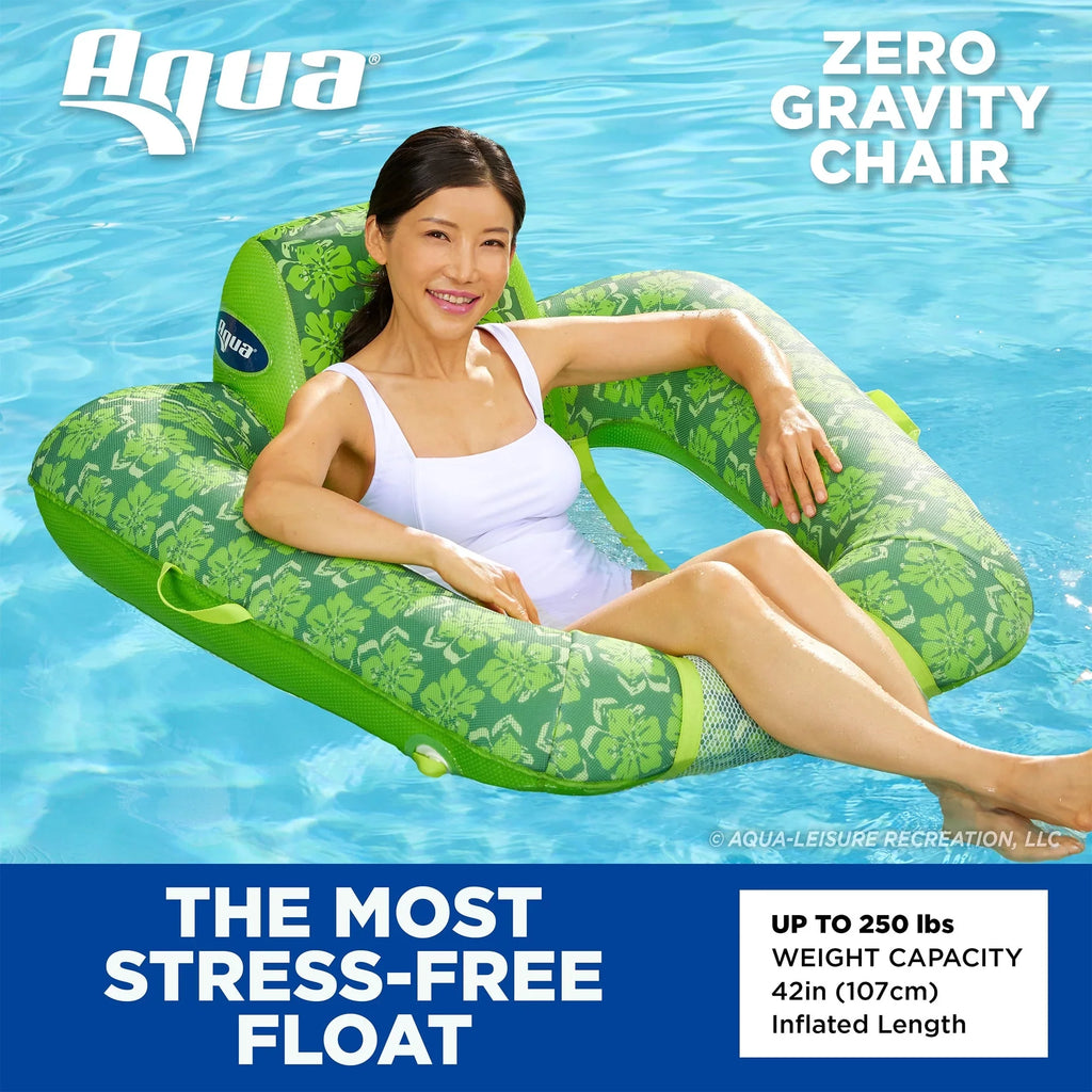 Green Lounge Swimming Leisure Pool Chair 0 Pump Float, Aqua w/ Hand Gravity