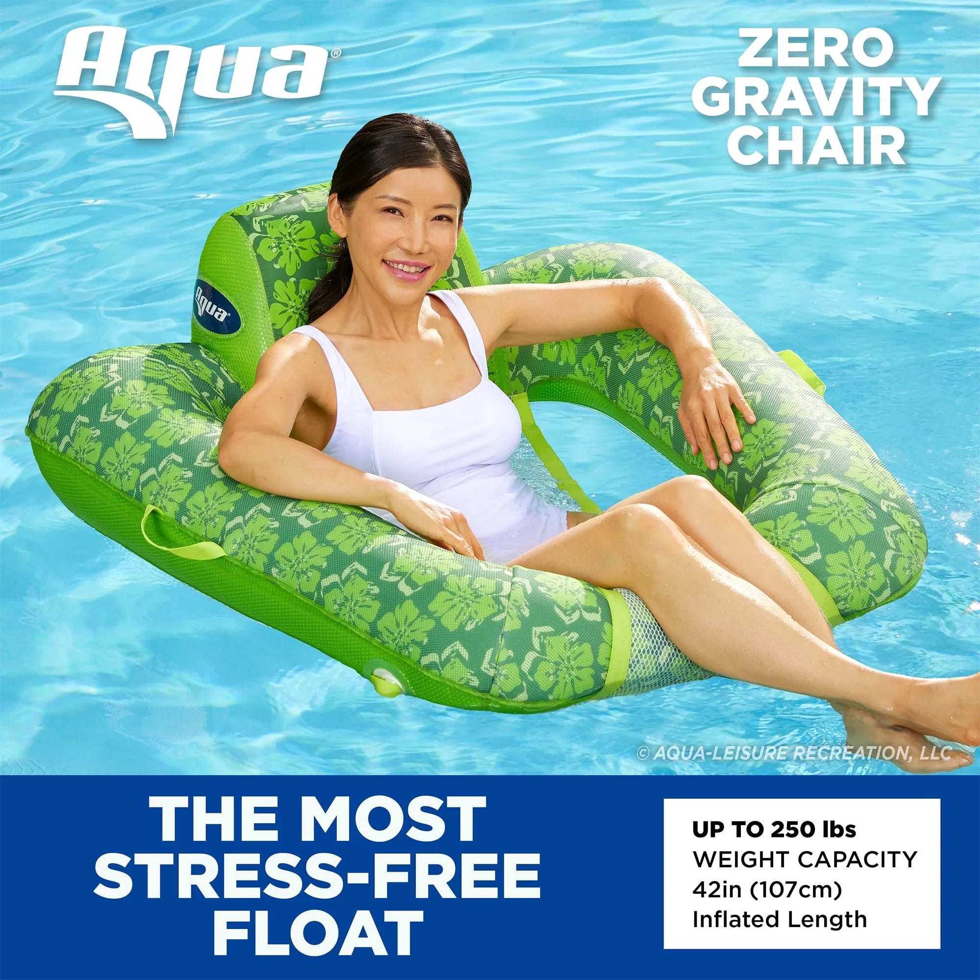 Green Lounge Swimming Leisure Pool Chair 0 Pump Float, Aqua w/ Hand Gravity