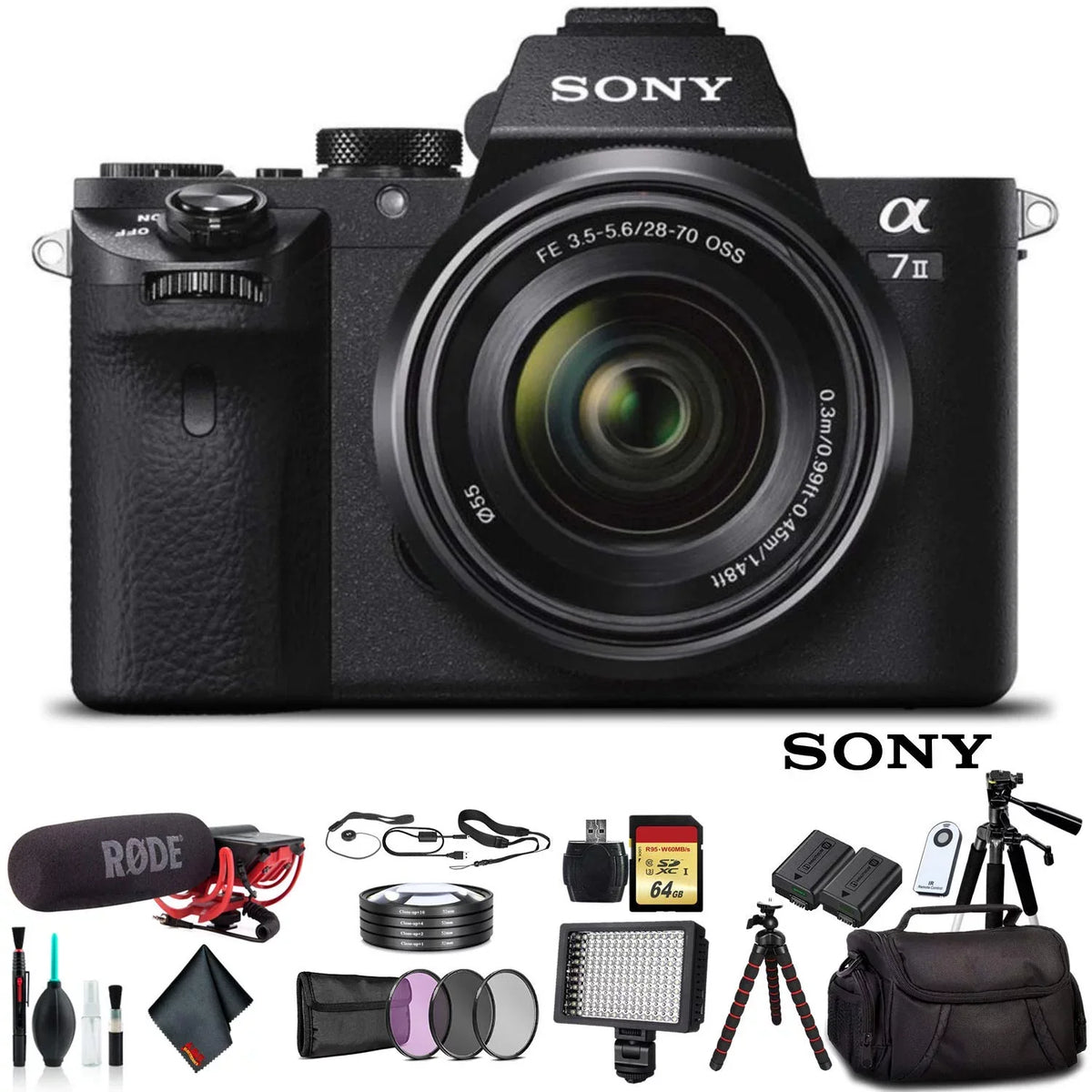 Additional Alpha Bag, , Rode II FE Accessories Mic, Memory Essential Card, Soft OSS 28-70mm Plus Lens 64GB a7 with ILCE7M2K/B Bag, Battery, With Mirrorless Light, Sling LED Sony Camera f/3.5-5.6