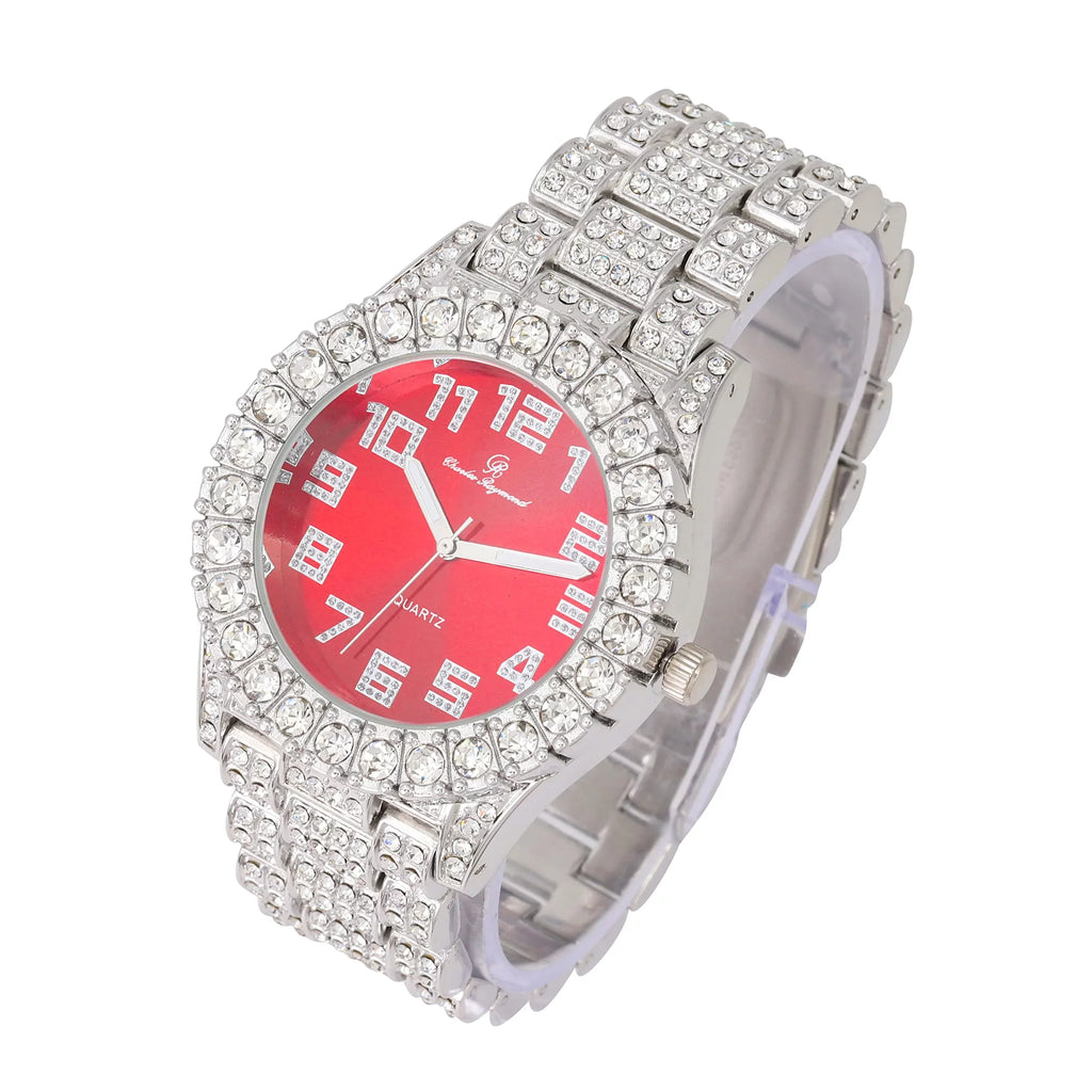 Colorful Big Fully Watch - Hip Blinged Dial ST10327AR Single Hop Out Numerals Iced Mens Raymond Charles with Red Silver Out Blood Rocks