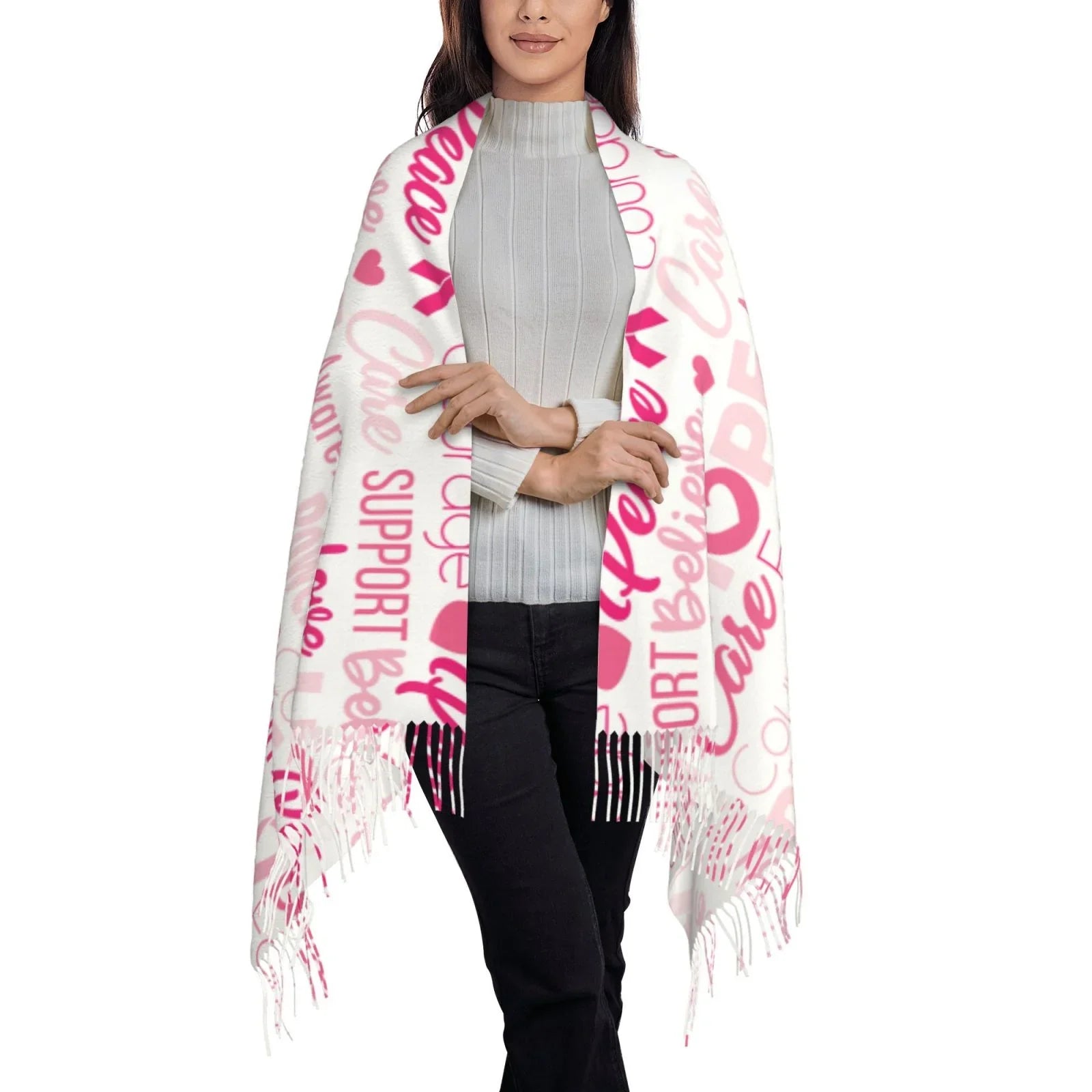 Women Warm For Cancer Wrap Elegant Print Scarves Large Winter Breast Awareness Shawl Gifts- Ribbons Scarf Bingfone Pink Art Feel Soft Cashmere