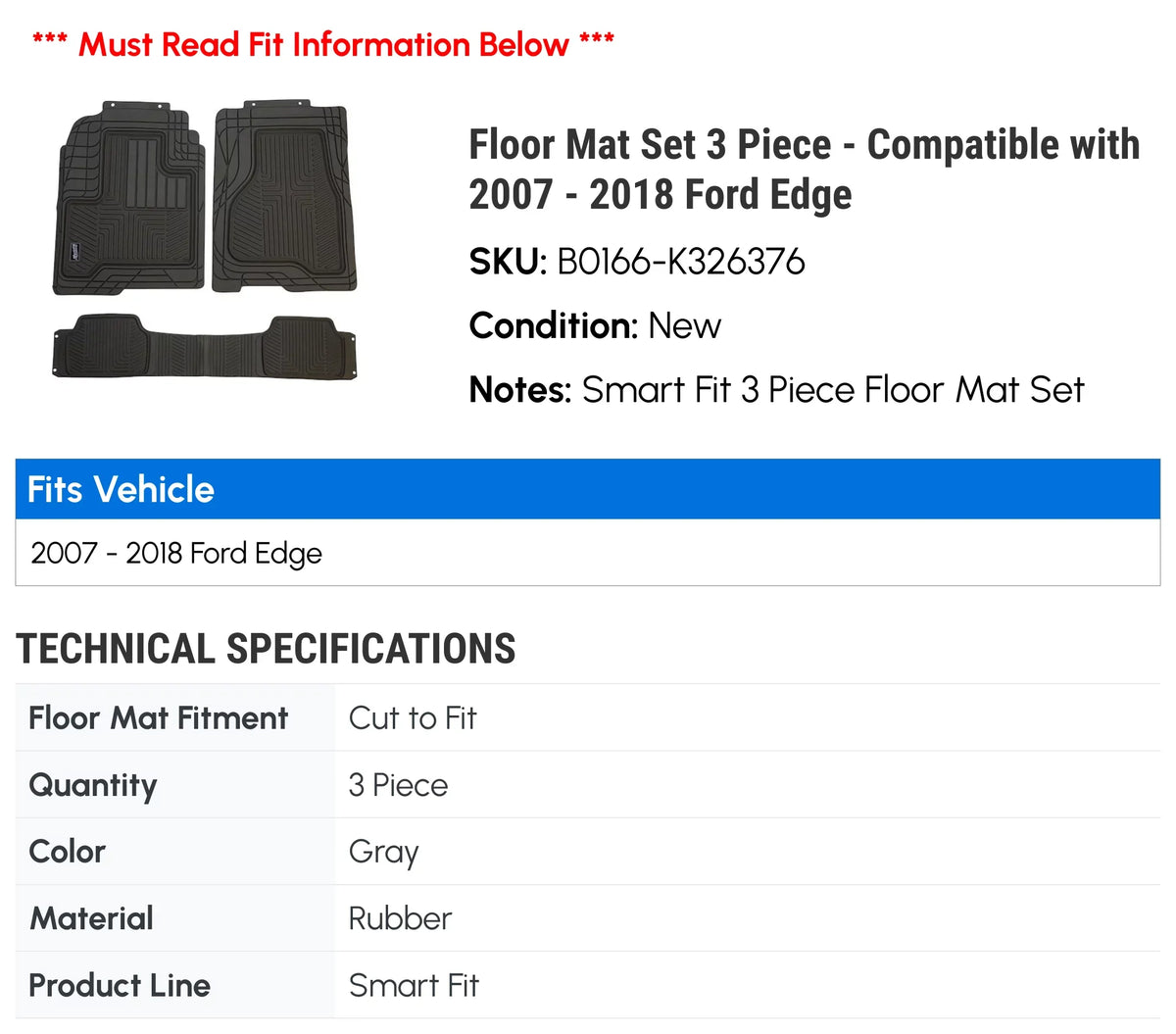 2012 Ford Floor 2015 2011 2016 - 2017 Edge Piece 2018 2010 Set Mat - 2009 2007 2014 2008 Compatible 3 2013 with
