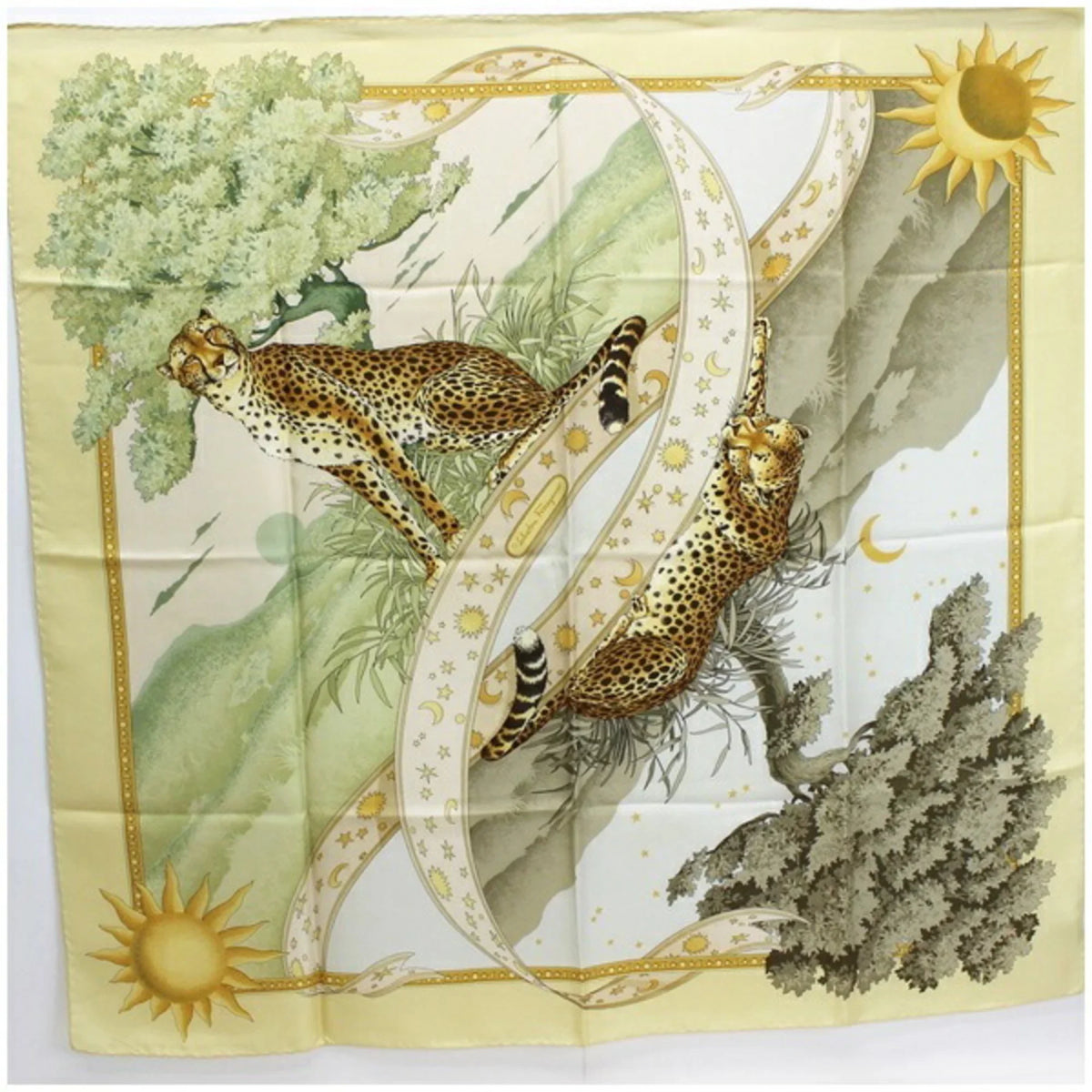 Pre-Owned FERRAGAMO paper Salvatore yellow animal Ferragamo ladies print SALVATORE leopard scarf pattern (Good) muffler silk