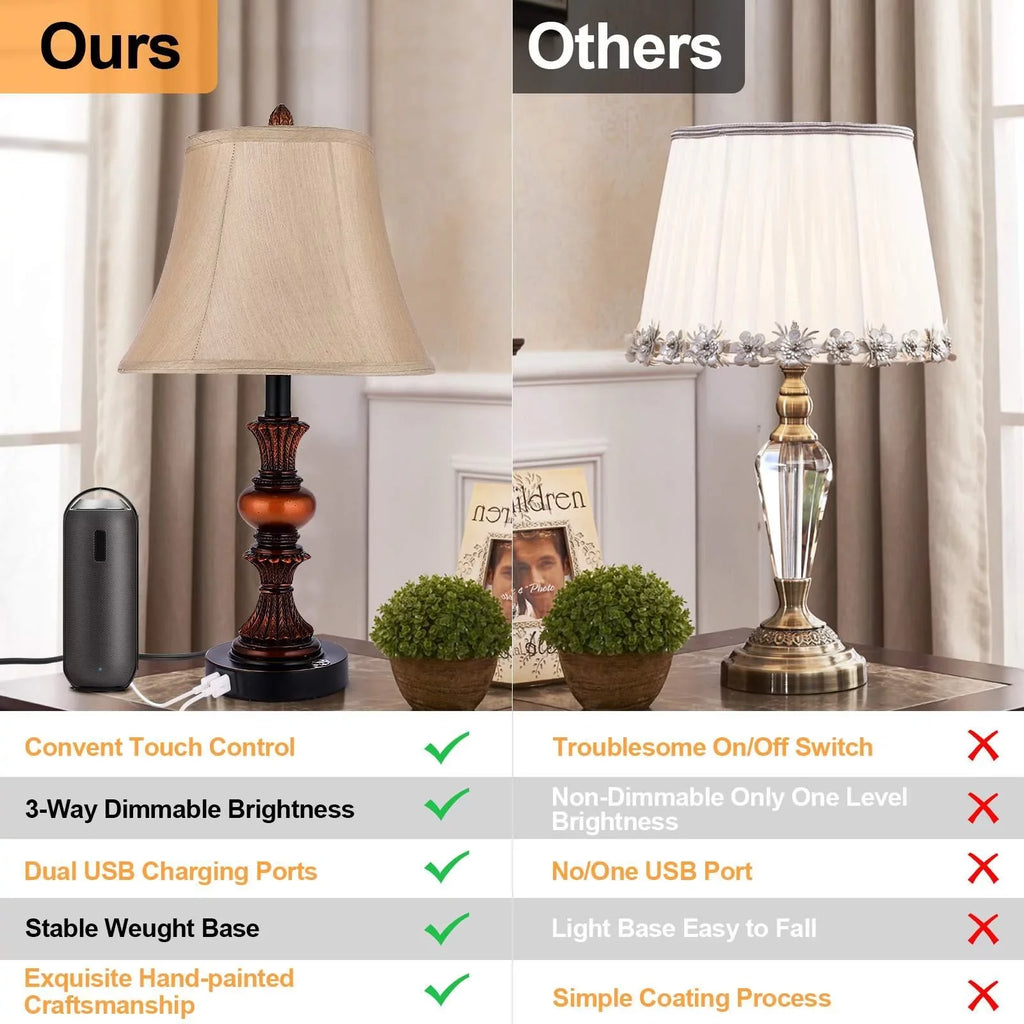 Port Nictiv 2 with Bulbs Touch Lamp Lamps, Control LED Dimmable Wooden Table Free Traditional of Nightstand Sets Bedroom USB 3-Way Lamp 4 Lamp with Bedside Set 2