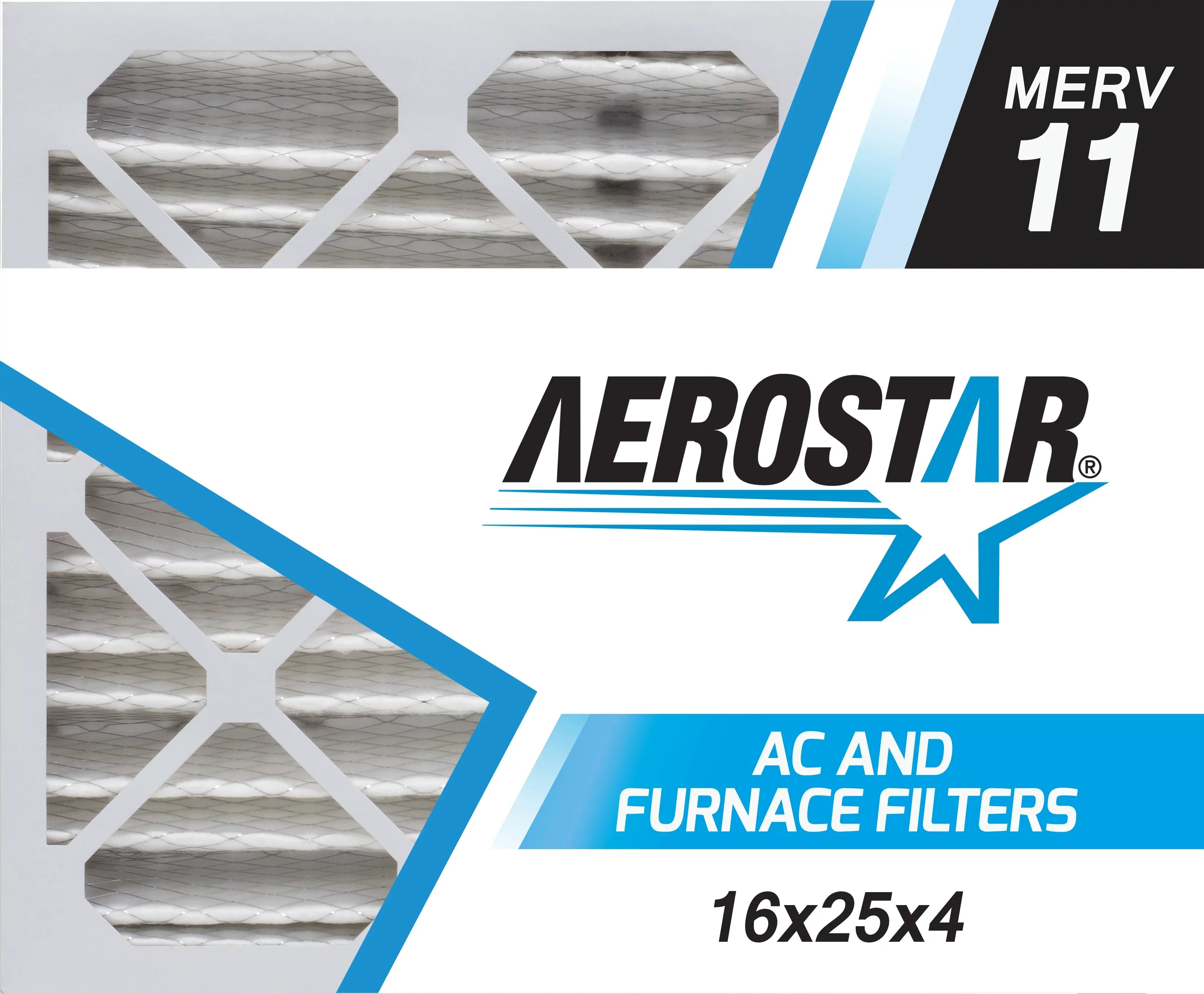 '- Aerostar Merv Filter 11, and 3 AC 16x25x4 Box Furnace of