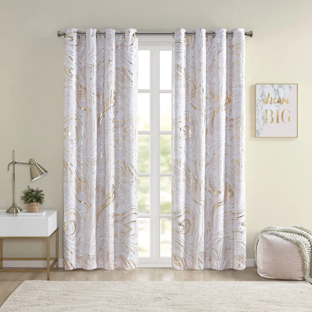 50x84" Total Metallic Marble Intelligent Blackout Grommet Printed Design Top Curtain, Rebecca Blush/Gold,