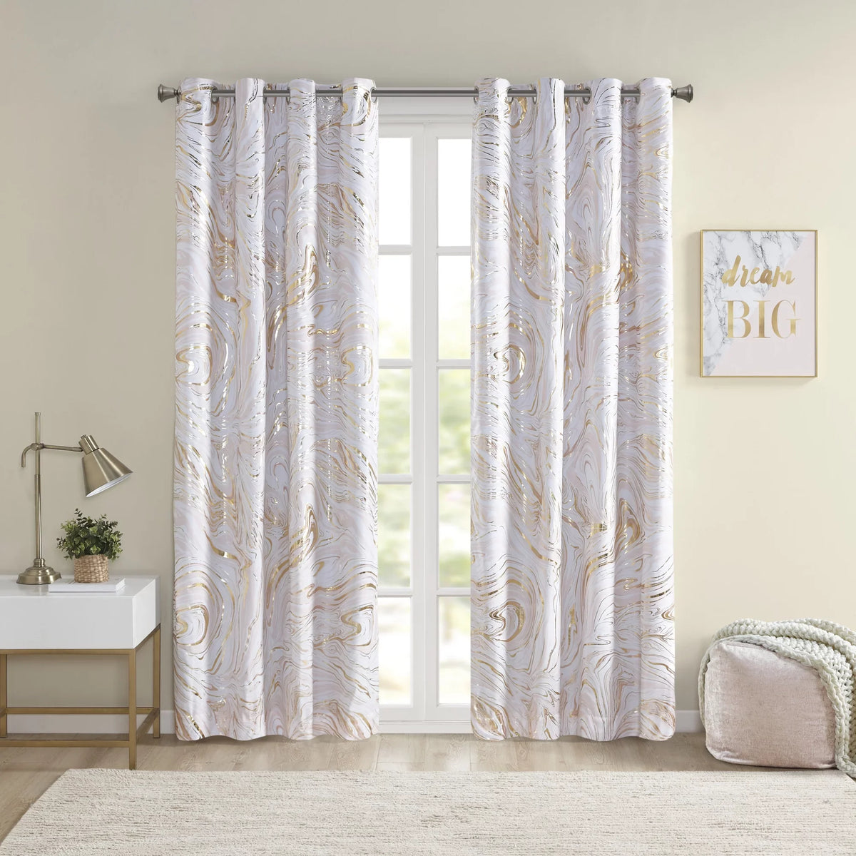 50x84" Total Metallic Marble Intelligent Blackout Grommet Printed Design Top Curtain, Rebecca Blush/Gold,