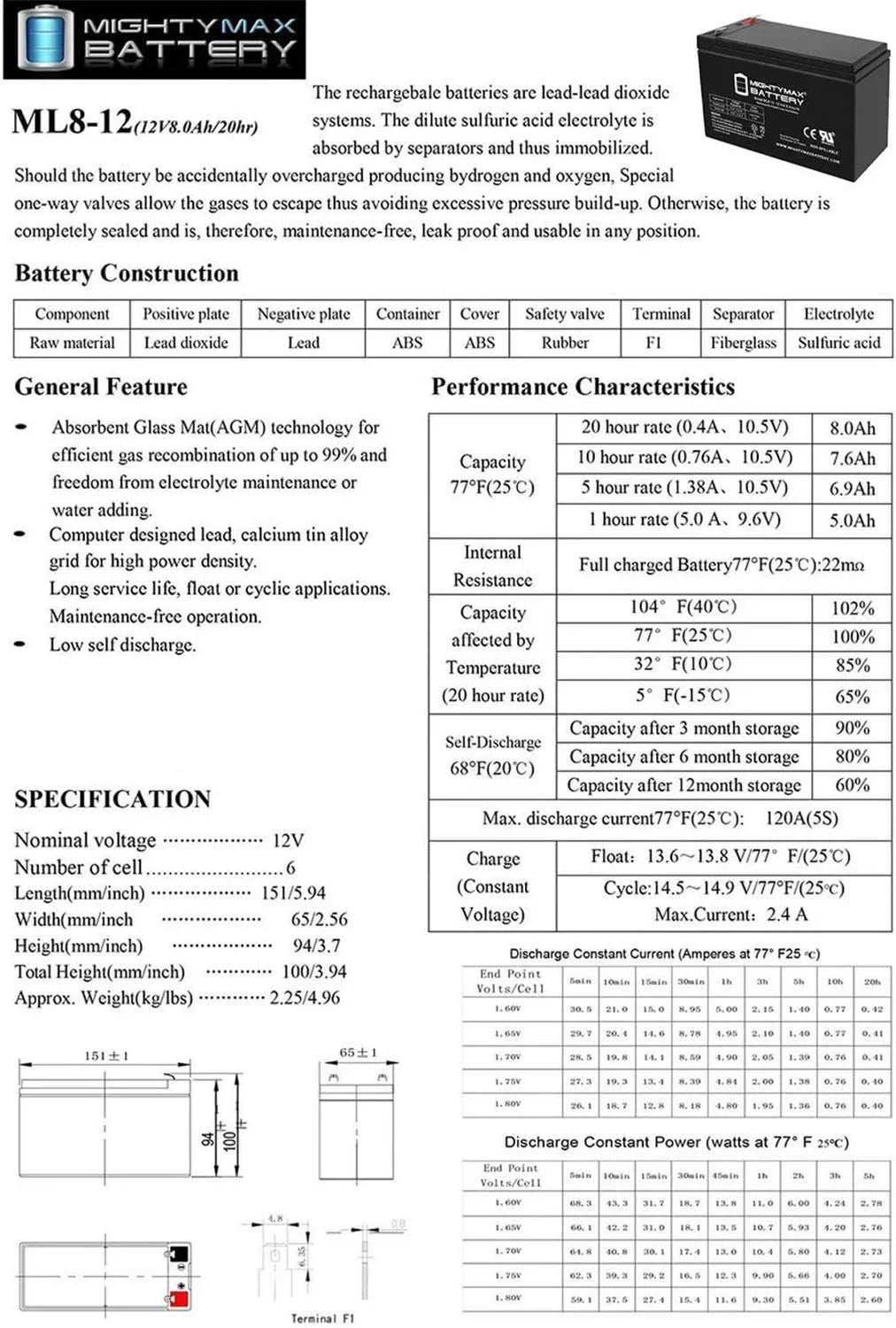 Solar Battery 12V Mobility 8AH 12V + for Panel TravelMate